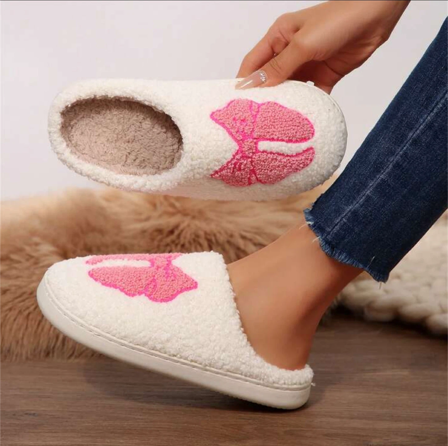 White Fuzzy Slippers with Pink Bow - - photo 4