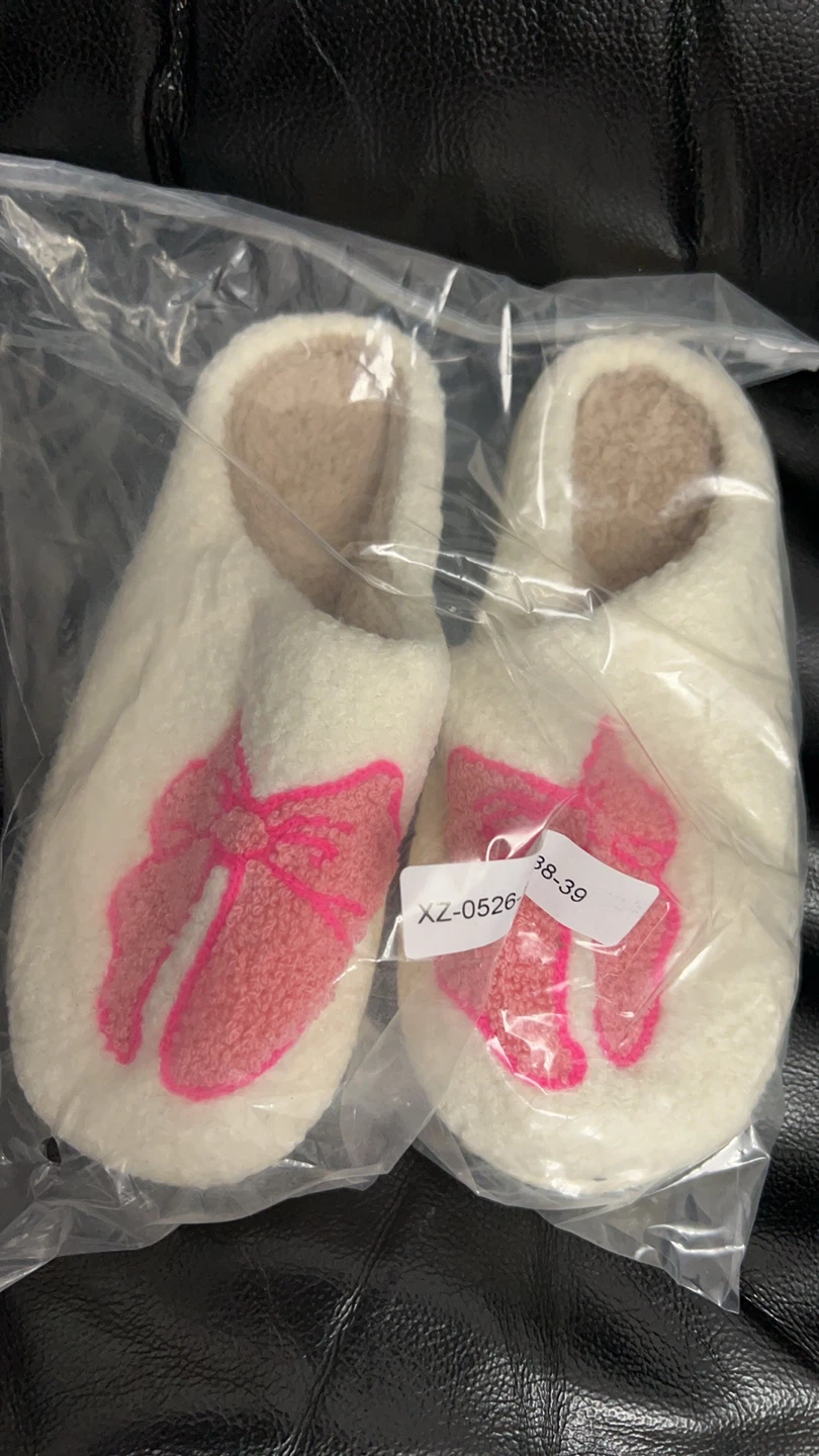 White Fuzzy Slippers with Pink Bow - - photo 5