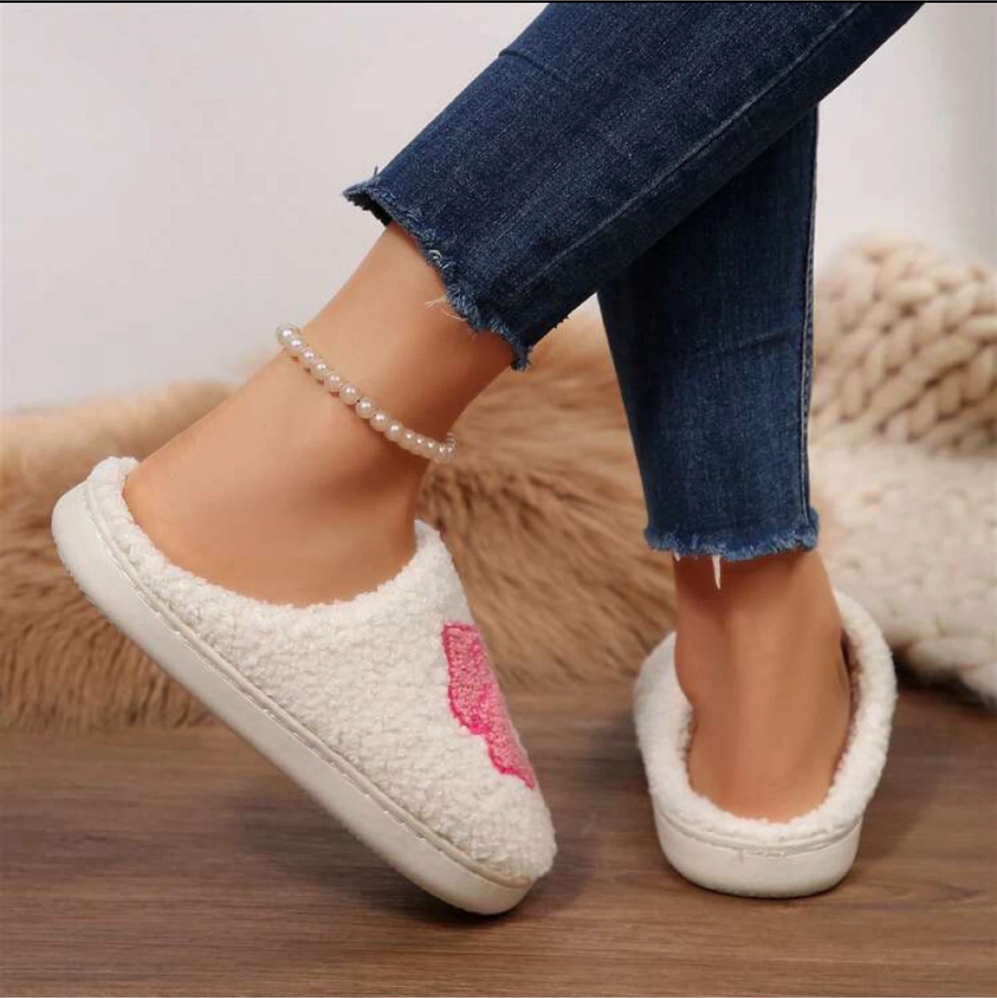 White Fuzzy Slippers with Pink Bow - - photo 3