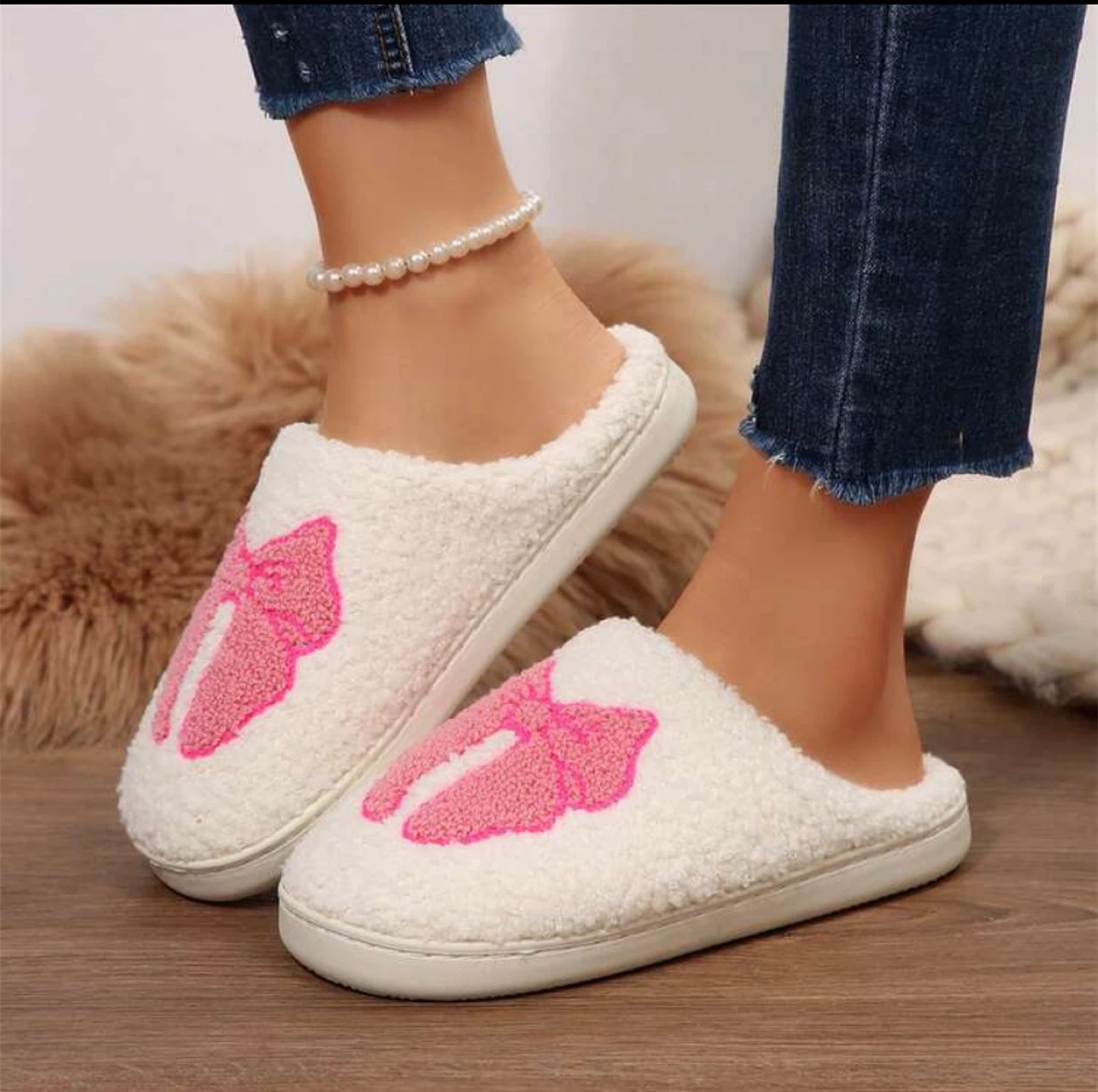 White Fuzzy Slippers with Pink Bow - - photo 2