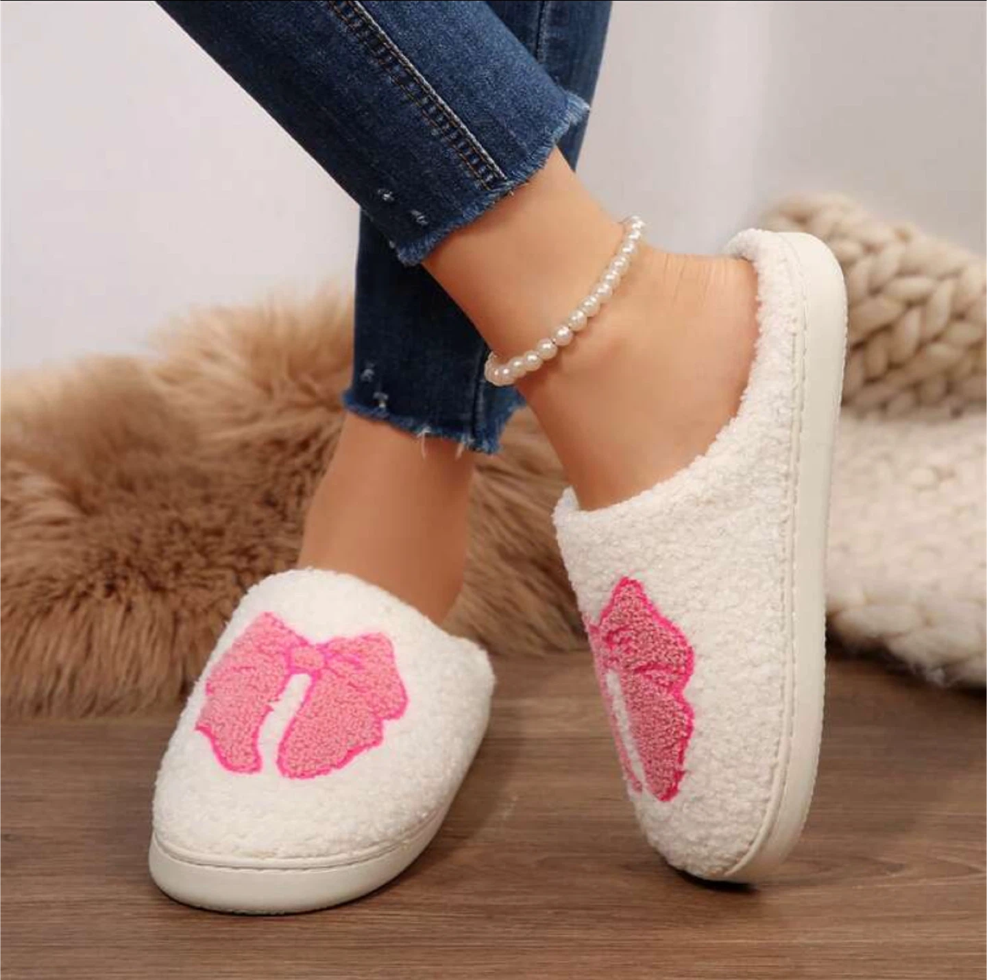 White Fuzzy Slippers with Pink Bow -