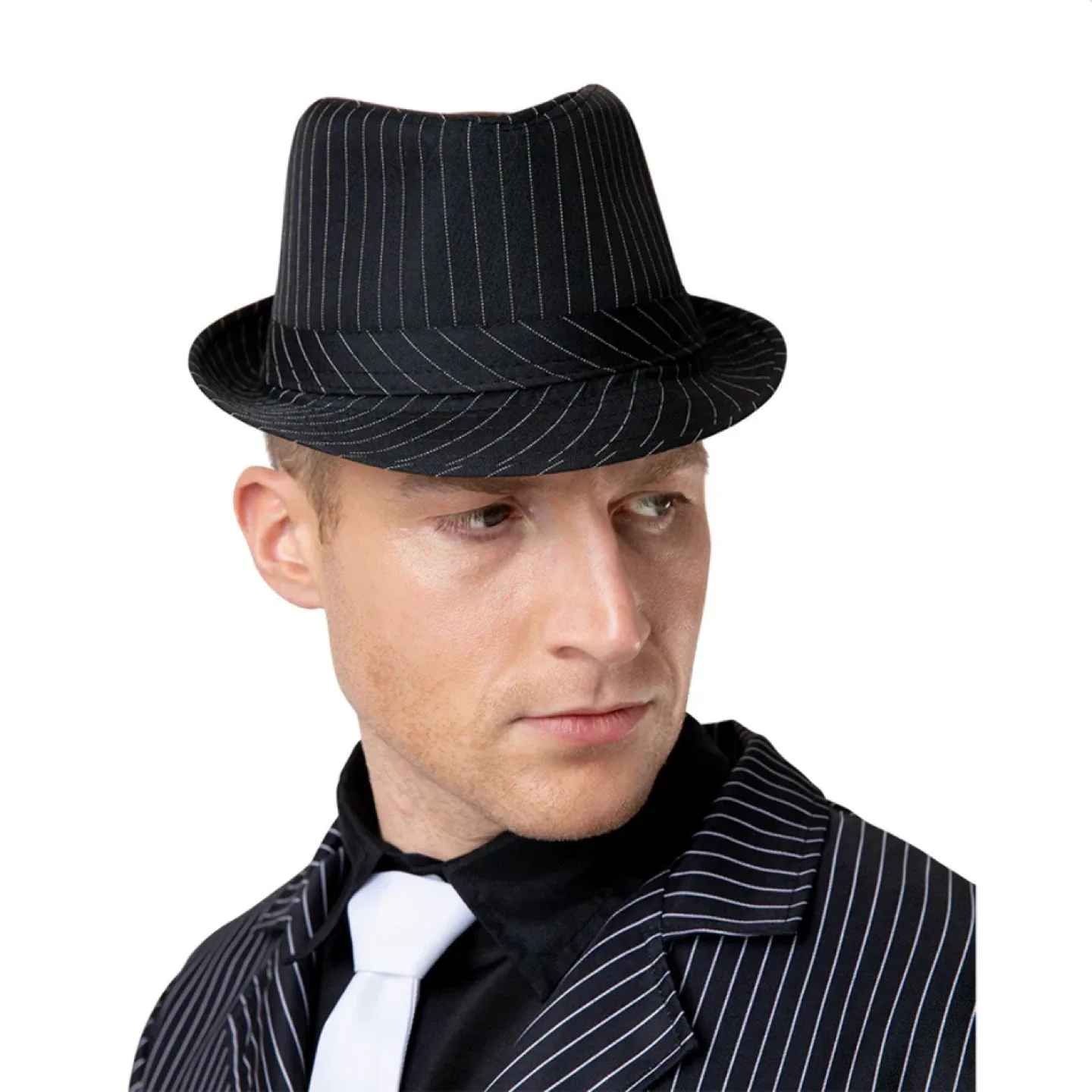 Halloween Gangster Black Pinstripe Fedora Hat image indicator(6)