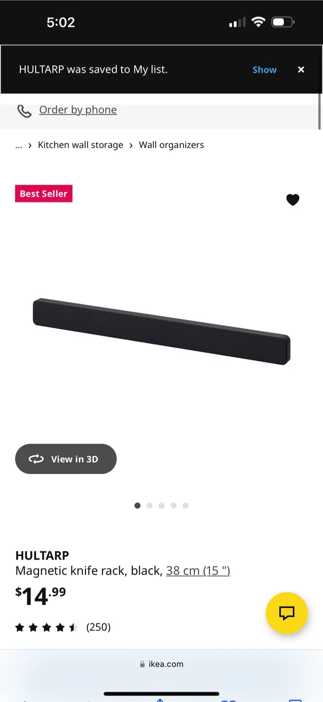 IKEA HULTARP Magnetic Knife Rack - Black, 38cm (15") image indicator(3)