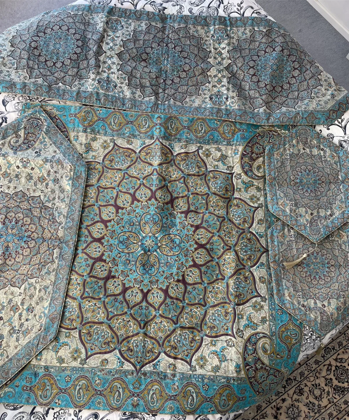 Patterned Tablecloth Set - Turquoise & Brown thumbnail