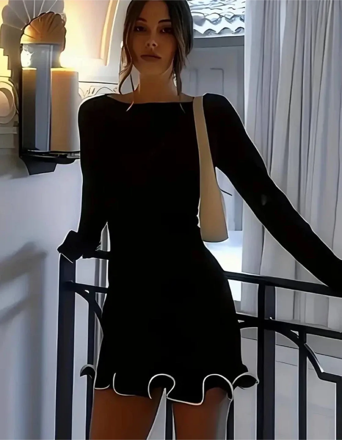 Black Mini Dress with White Trim, size M image indicator(4)