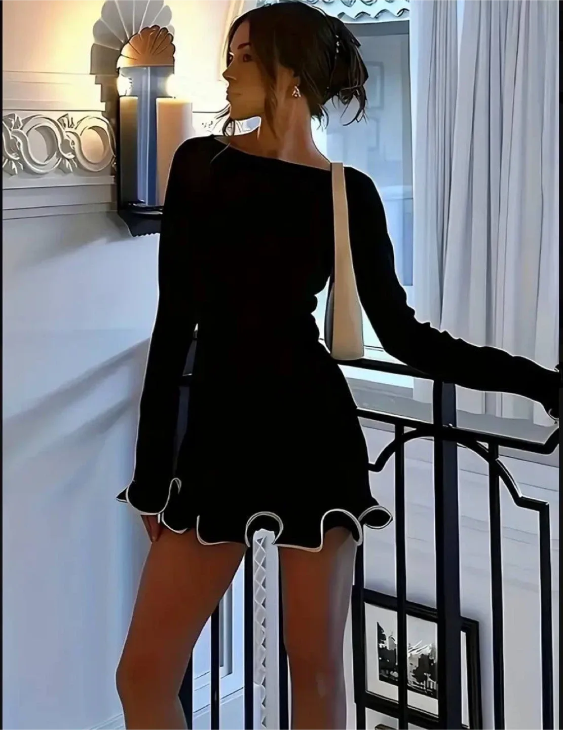 Black Mini Dress with White Trim, size M image indicator(3)