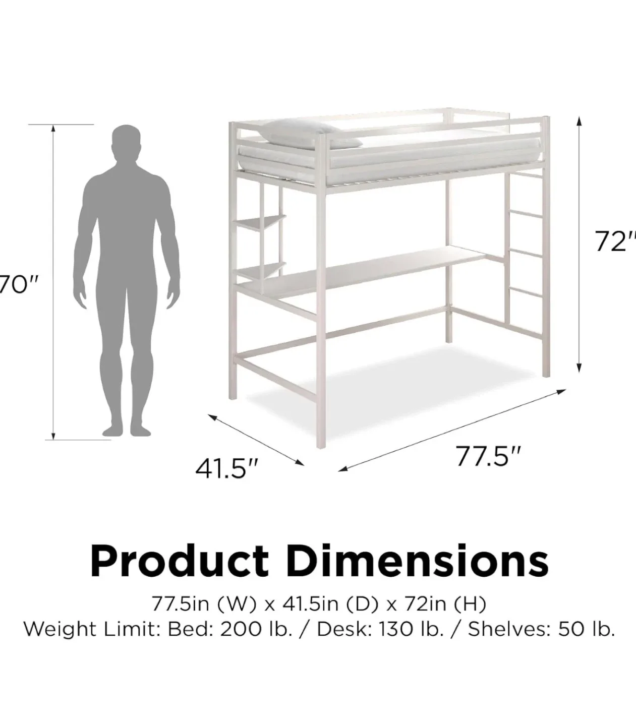 Loft Bed with Desk - Grey Metal Frame thumbnail