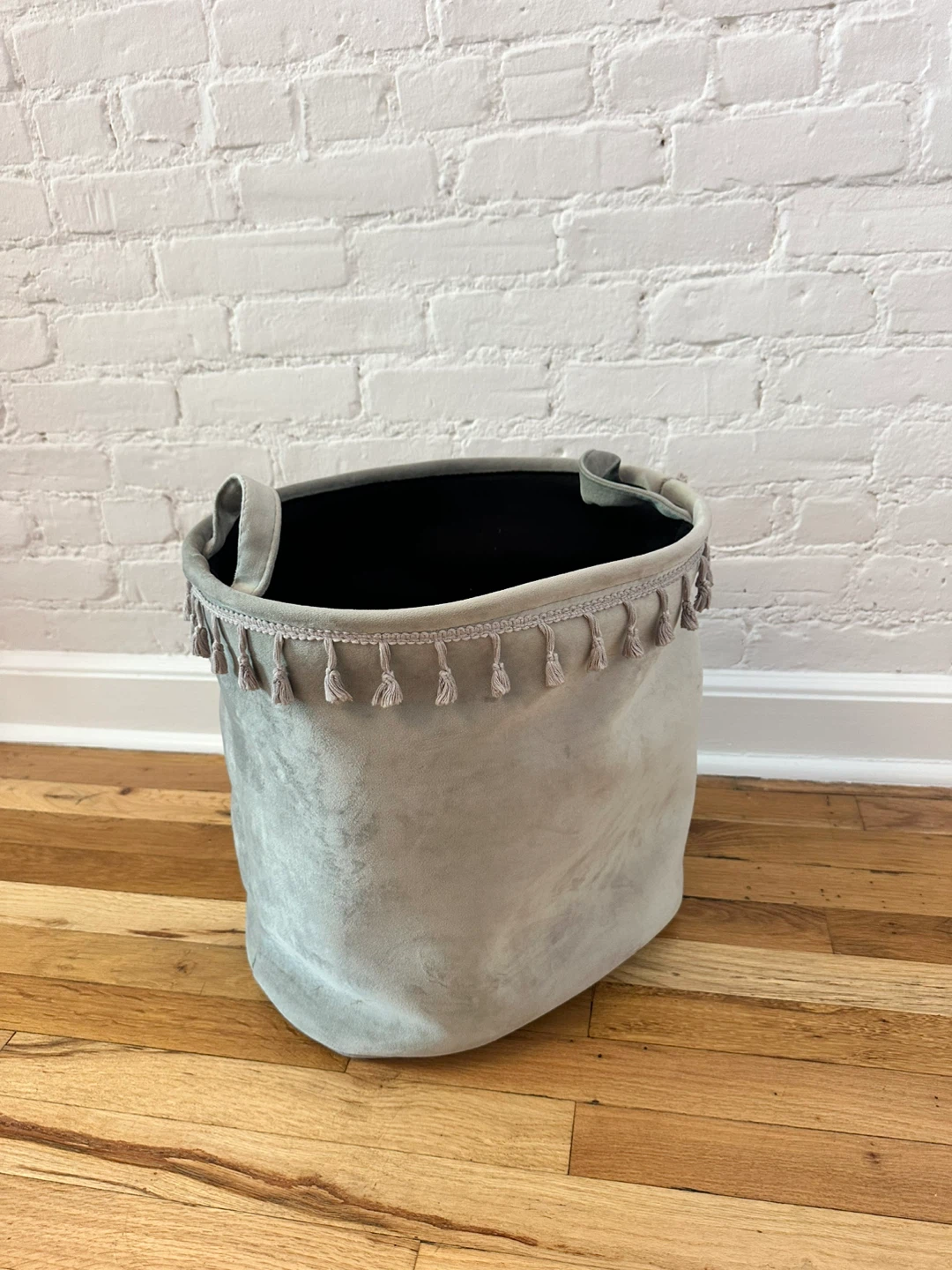 Gray Suede Storage Basket with Tassels