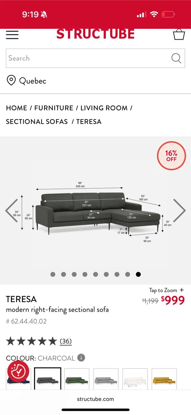 Structube Teresa Modern Right-Facing Sectional Sofa - Charcoal - photo 4