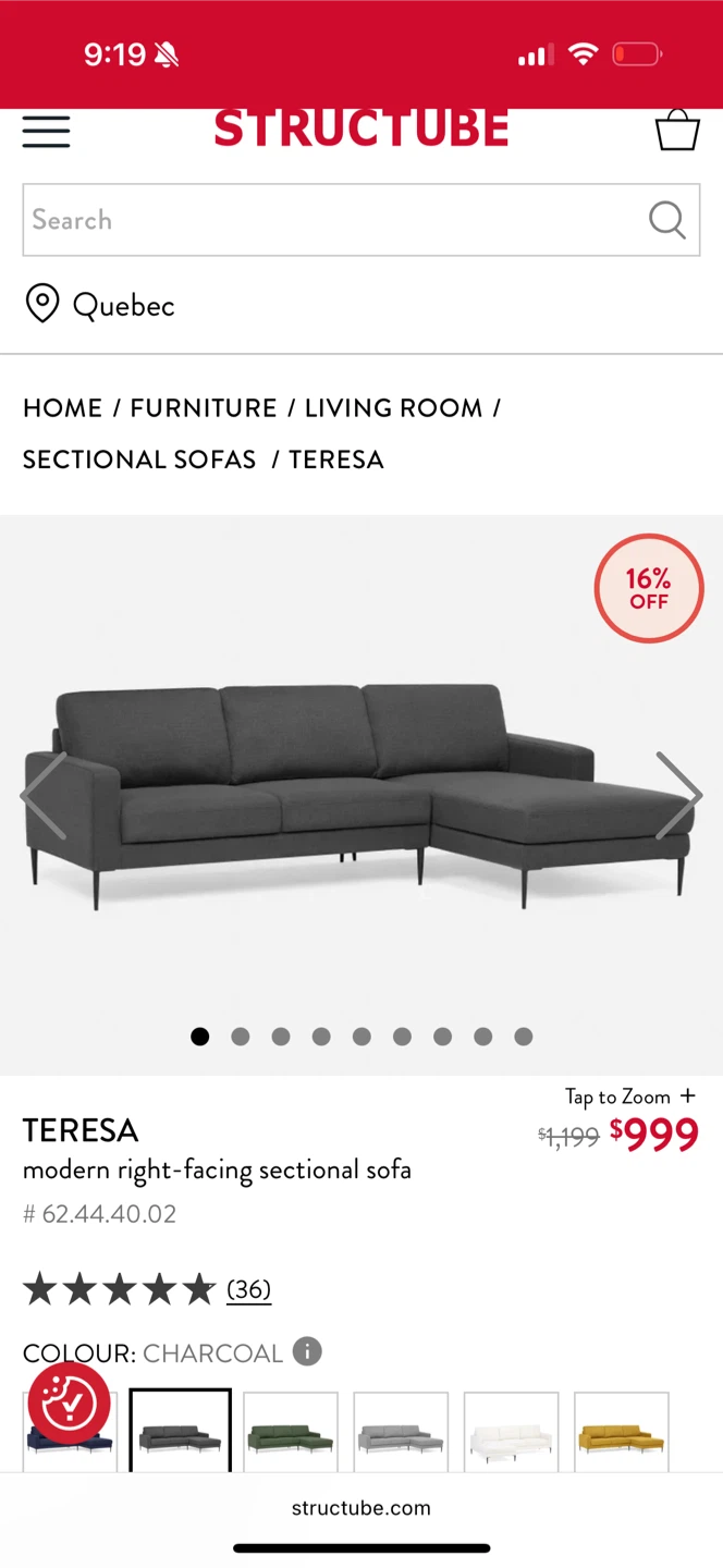Structube Teresa Modern Right-Facing Sectional Sofa - Charcoal - photo 5