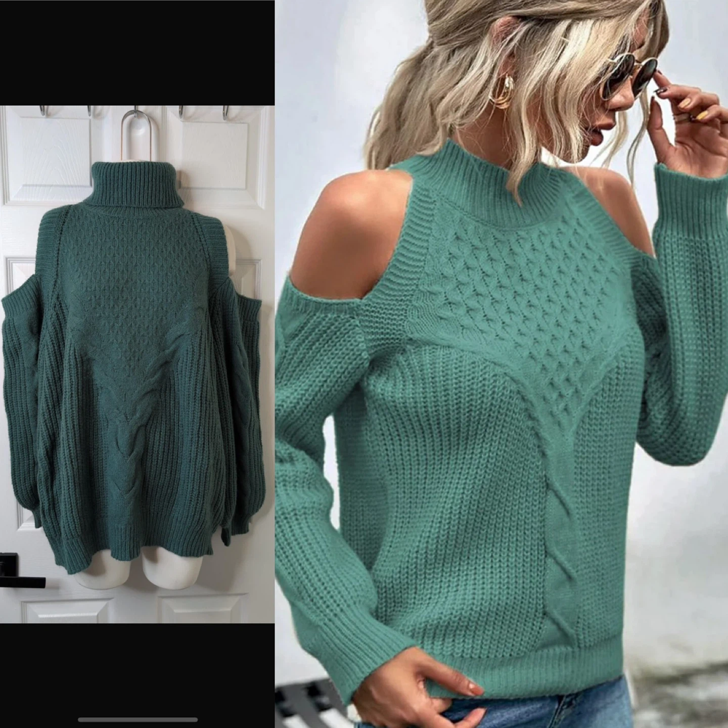 NEW! Green Cold Shoulder Knit Sweater - X-Large