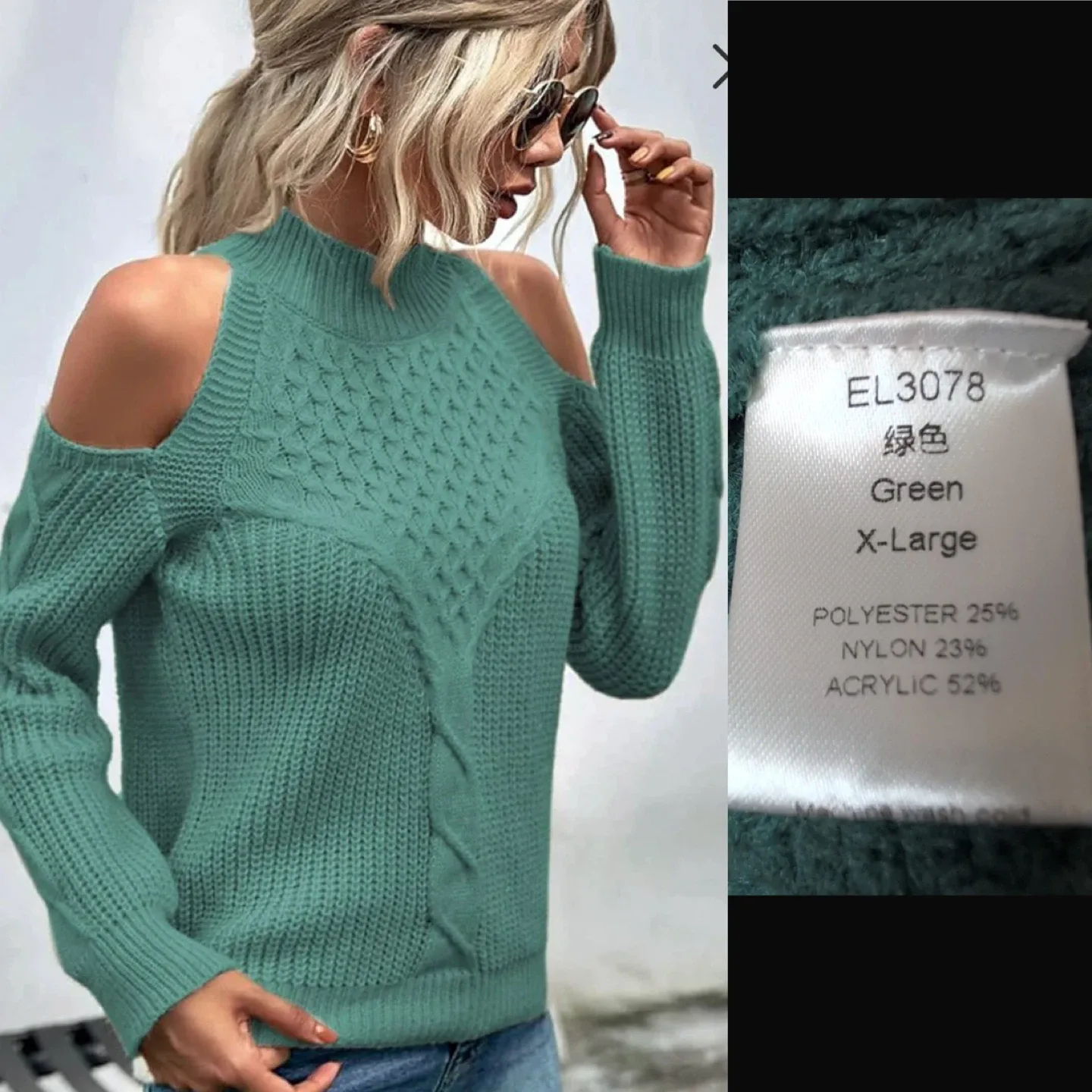 NEW! Green Cold Shoulder Knit Sweater - X-Large image indicator(5)