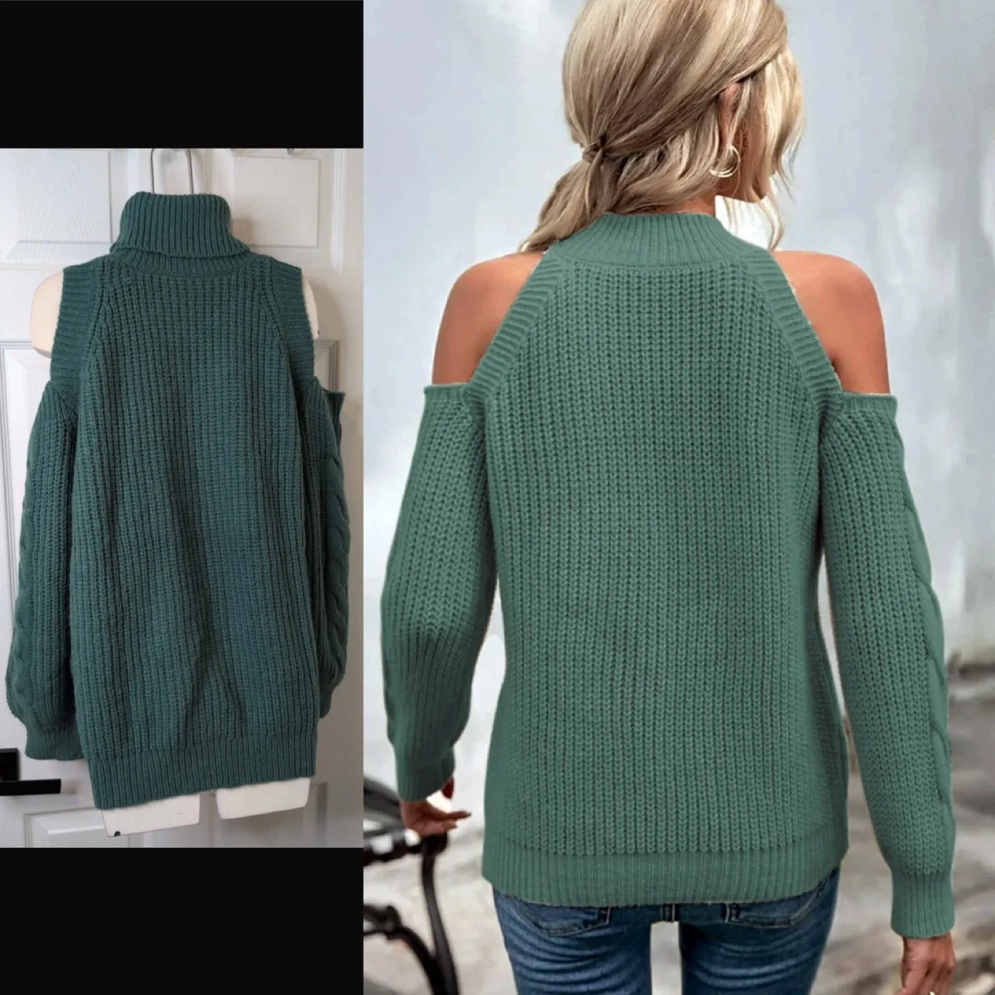 NEW! Green Cold Shoulder Knit Sweater - X-Large image indicator(2)