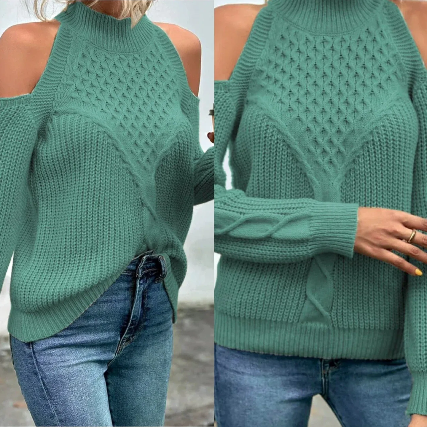 NEW! Green Cold Shoulder Knit Sweater - X-Large image indicator(3)