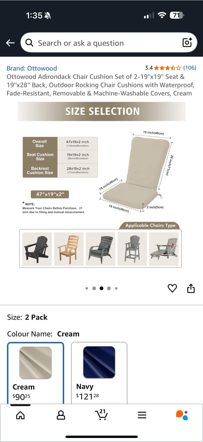 Ottowood Outdoor Chair Cushion Set – Cream (2-Pack) - photo 3