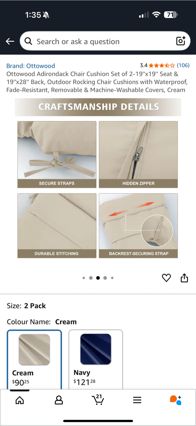 Ottowood Outdoor Chair Cushion Set – Cream (2-Pack) - photo 4