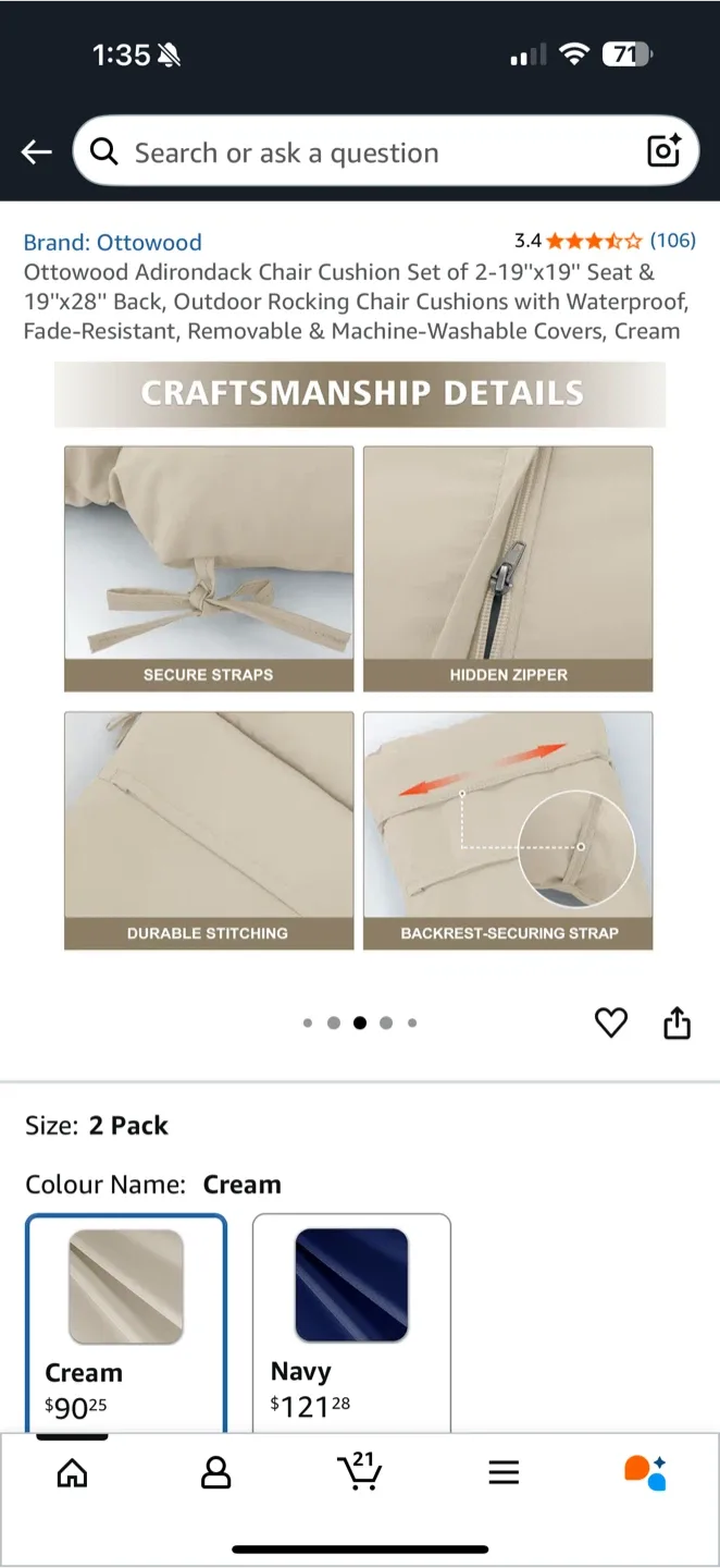 Ottowood Outdoor Chair Cushion Set – Cream (2-Pack) image indicator(4)