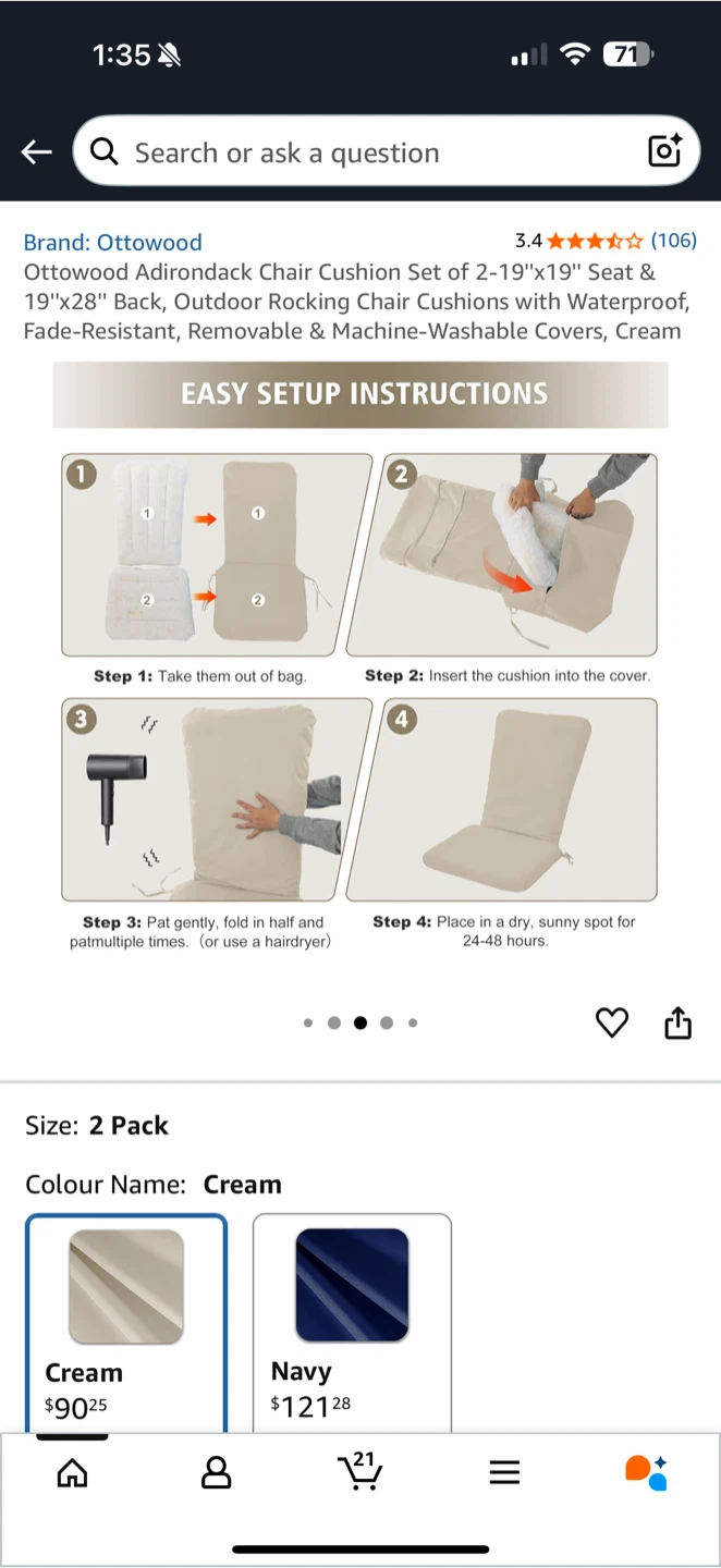 Ottowood Outdoor Chair Cushion Set – Cream (2-Pack) - photo 5