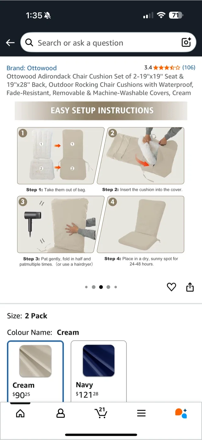 Ottowood Outdoor Chair Cushion Set – Cream (2-Pack) image indicator(5)