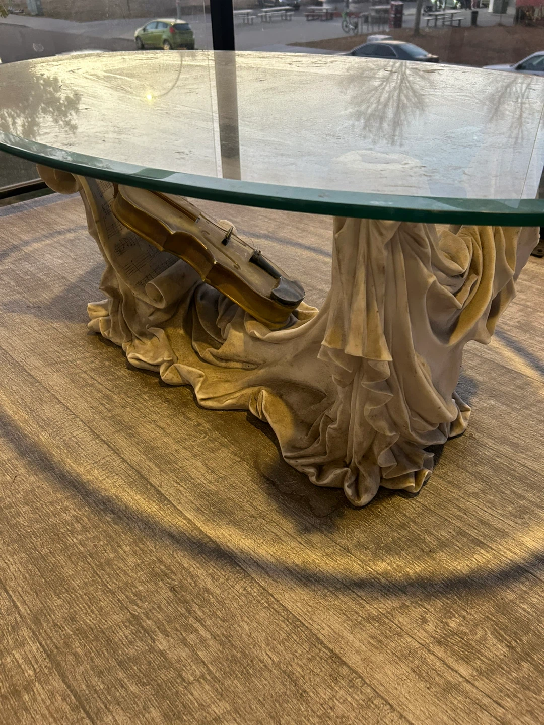 Glass Top Coffee Table with Violin Statue Base