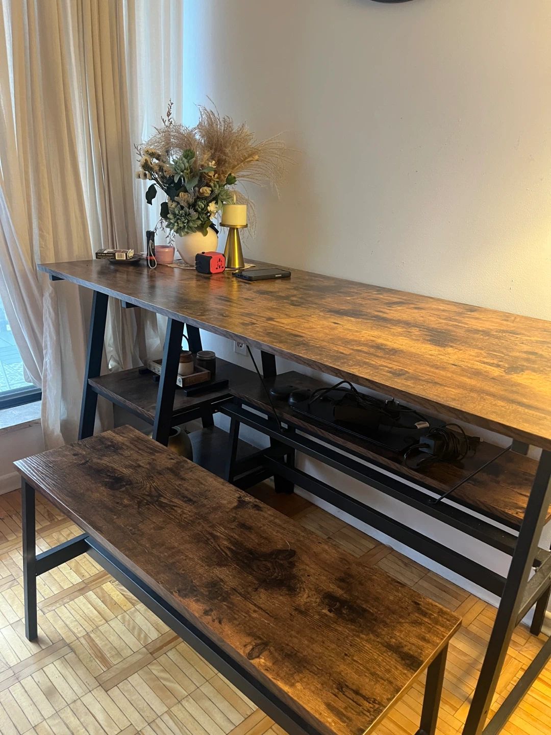 Wooden dining table for 4 with wine shelf and Bench