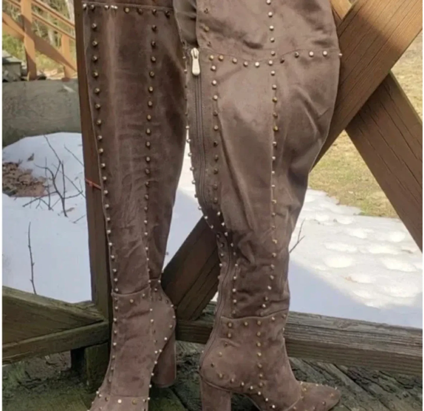 Venus NEW Faux Suede Gold Studded Over The Knee Boots image indicator(7)