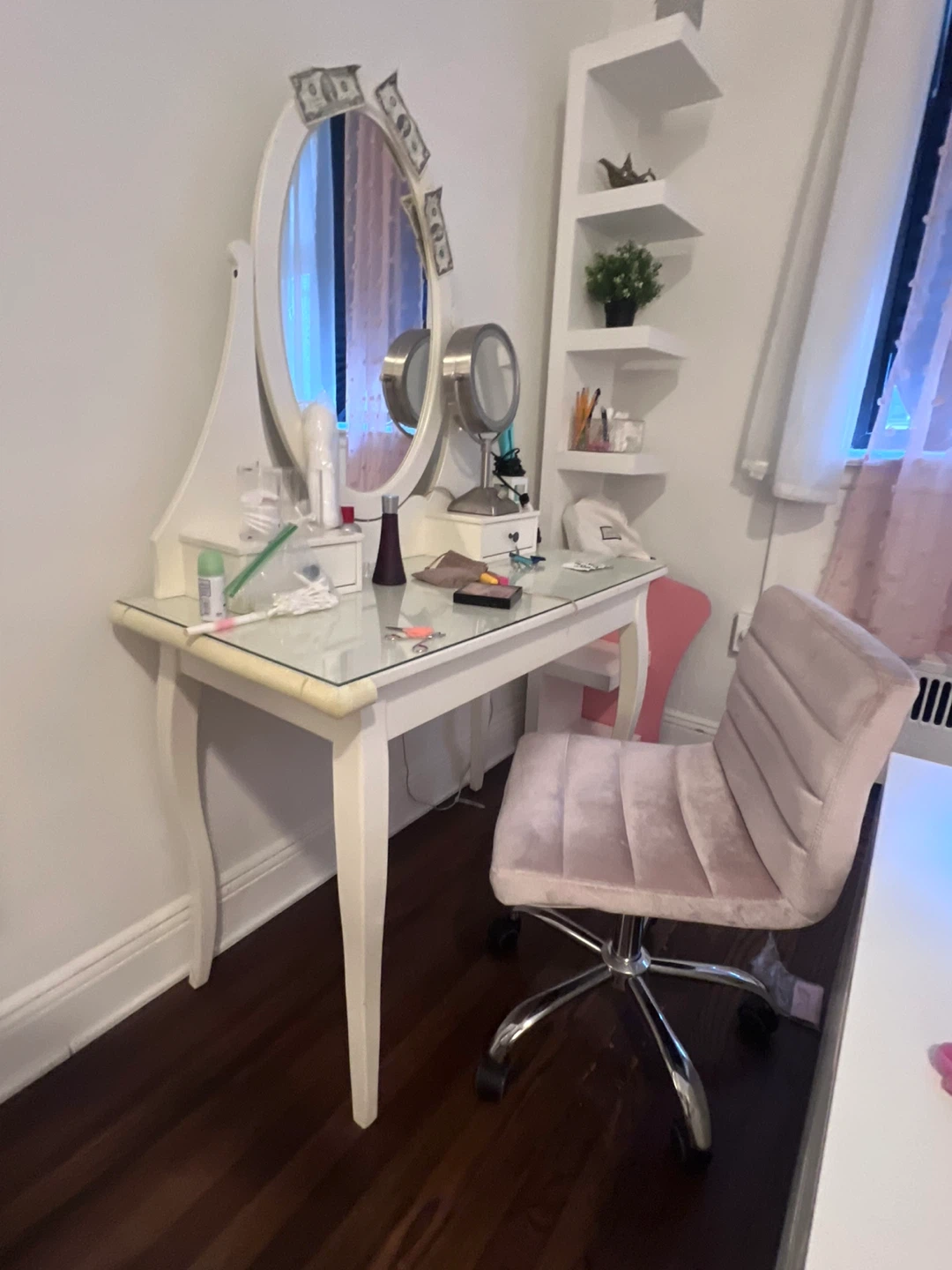 Vanity table with mirror and chair