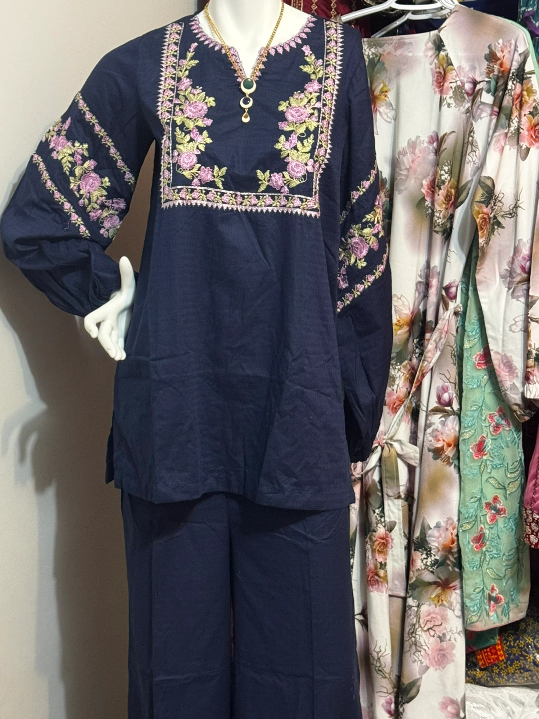 Floral Embroidered Navy Blue Pant Suit