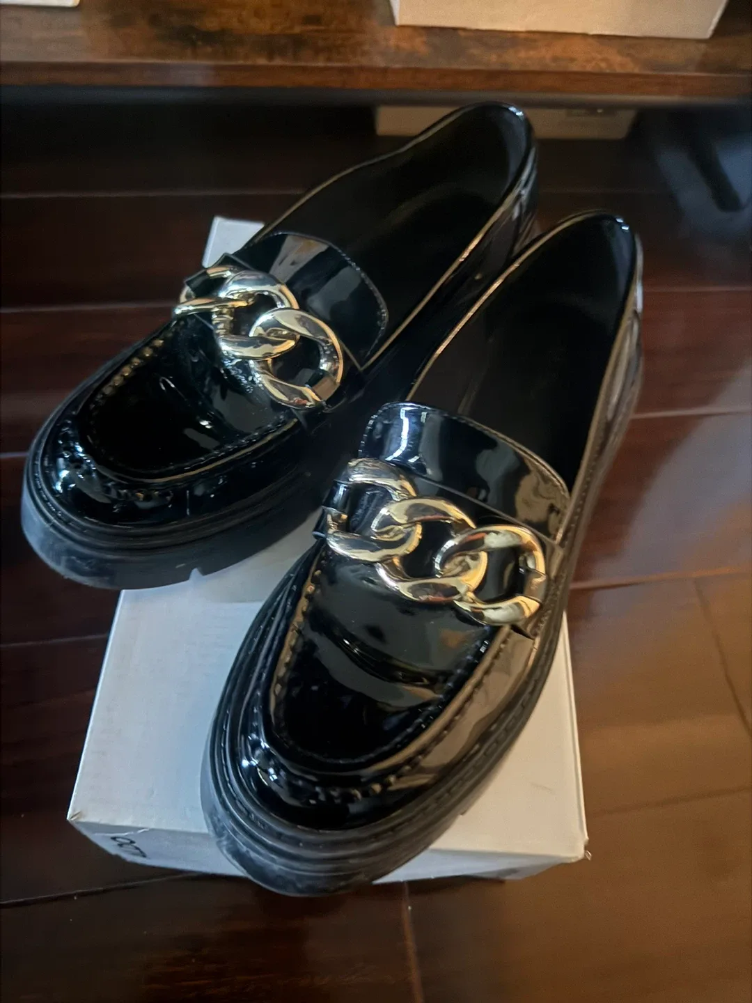 ALDO Black Patent Loafers with Gold Chain image indicator(3)