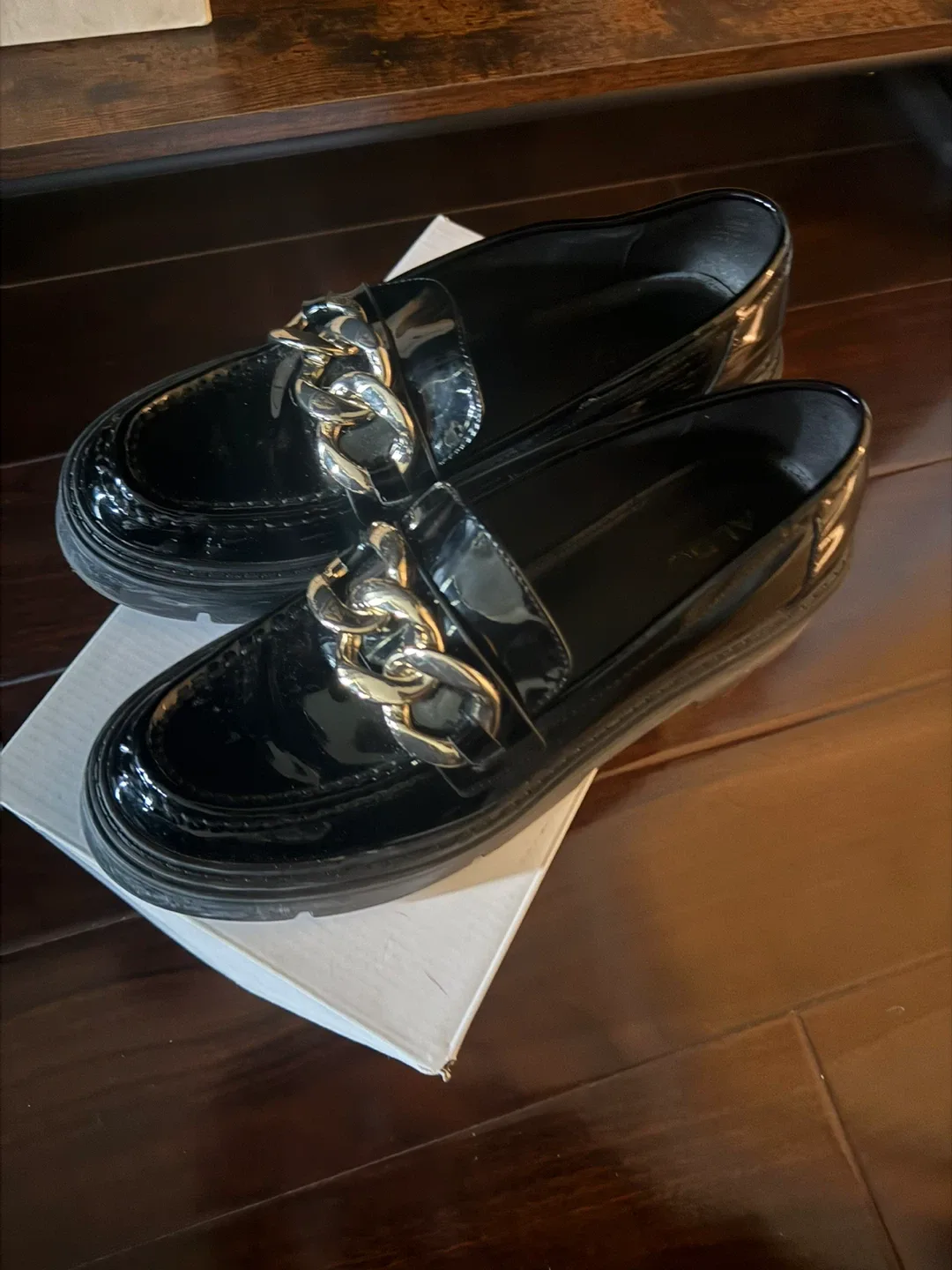 ALDO Black Patent Loafers with Gold Chain thumbnail
