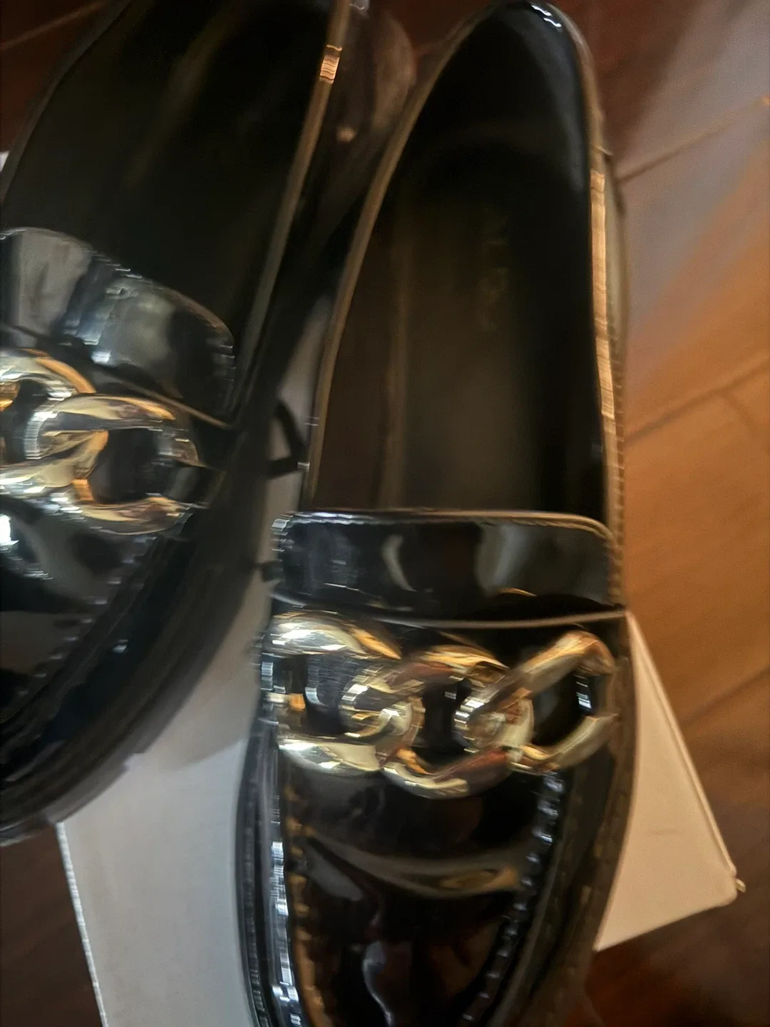 ALDO Black Patent Loafers with Gold Chain image indicator(2)