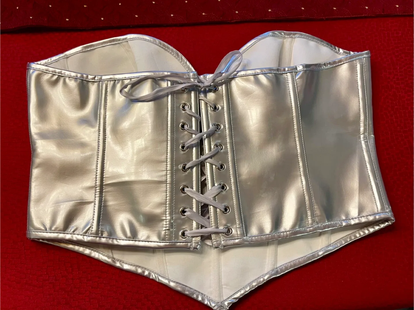 XL Silver Leather-Like Corset great for Halloween Costume image indicator(2)