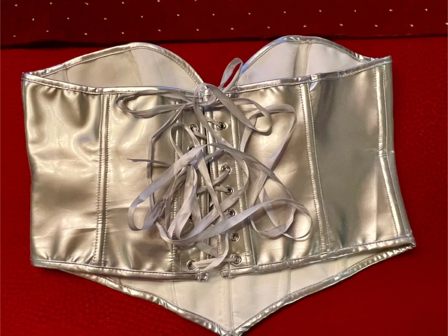 XL Silver Leather-Like Corset great for Halloween Costume image indicator(6)