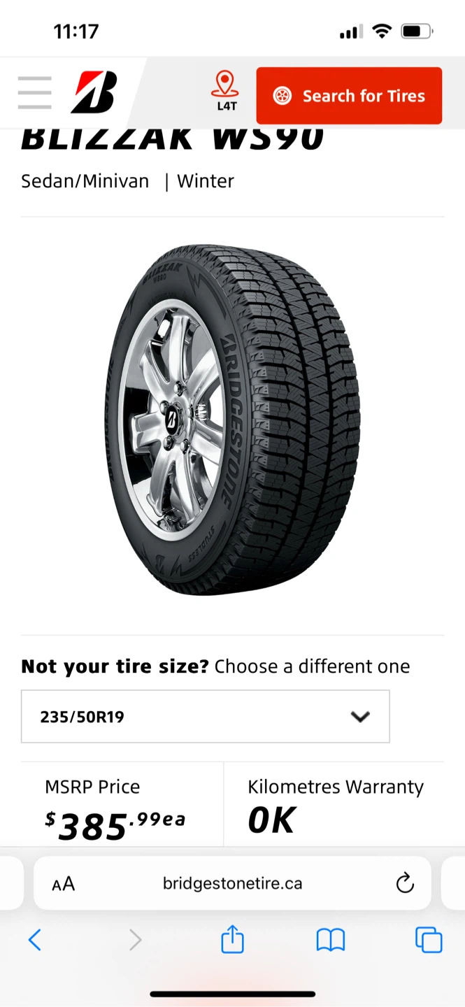 Bridgestone Blizzak WS90 235/50R19 Winter Tires