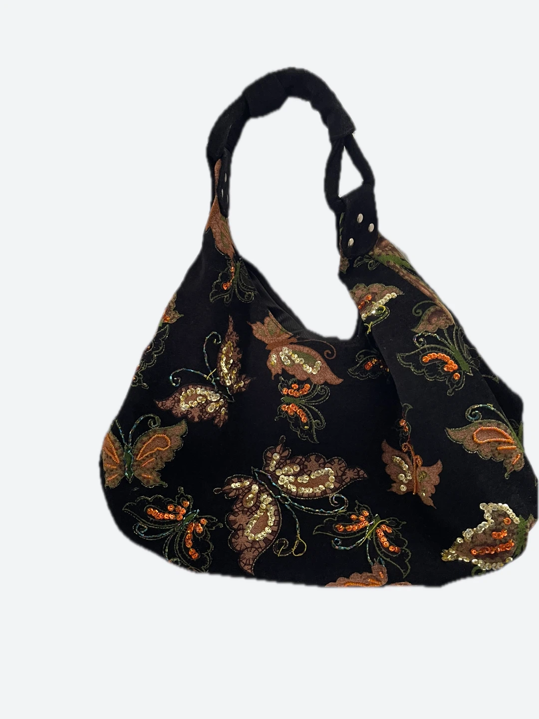 Butterfly Embroidered Black Hobo Bag