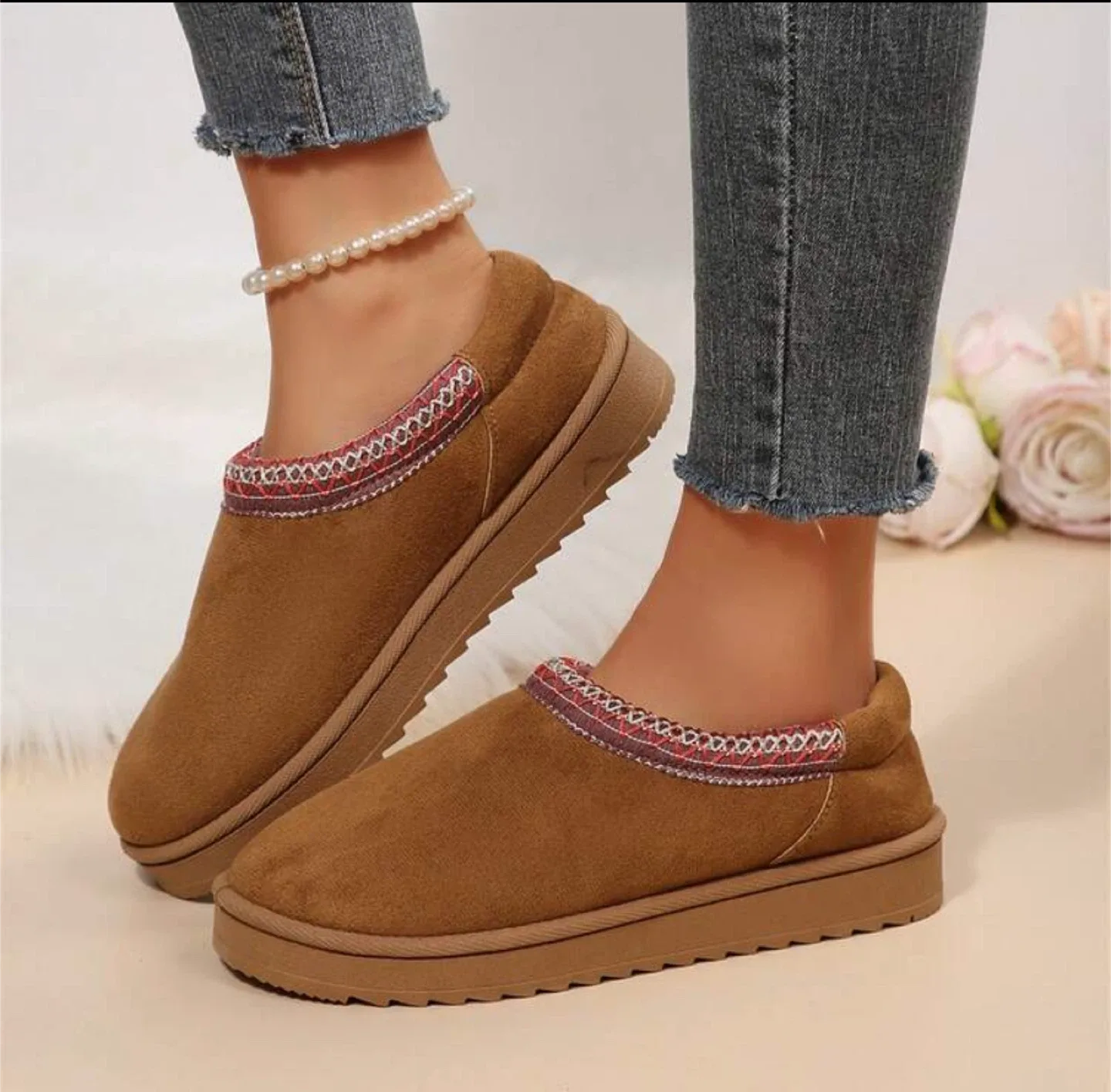 Brown Suede-Like Slippers with Embroidered Detail thumbnail
