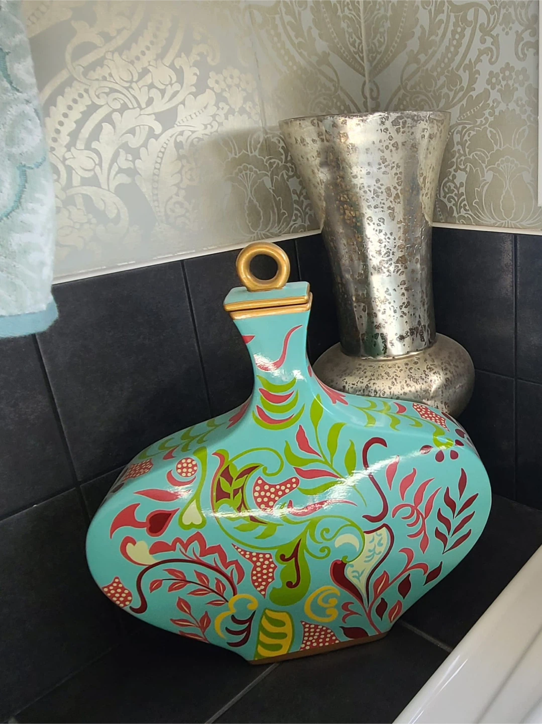 Decorative Teal Vase with Floral Pattern