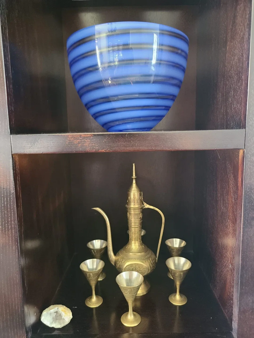 Blue Striped Glass Bowl & Brass Tea Set thumbnail