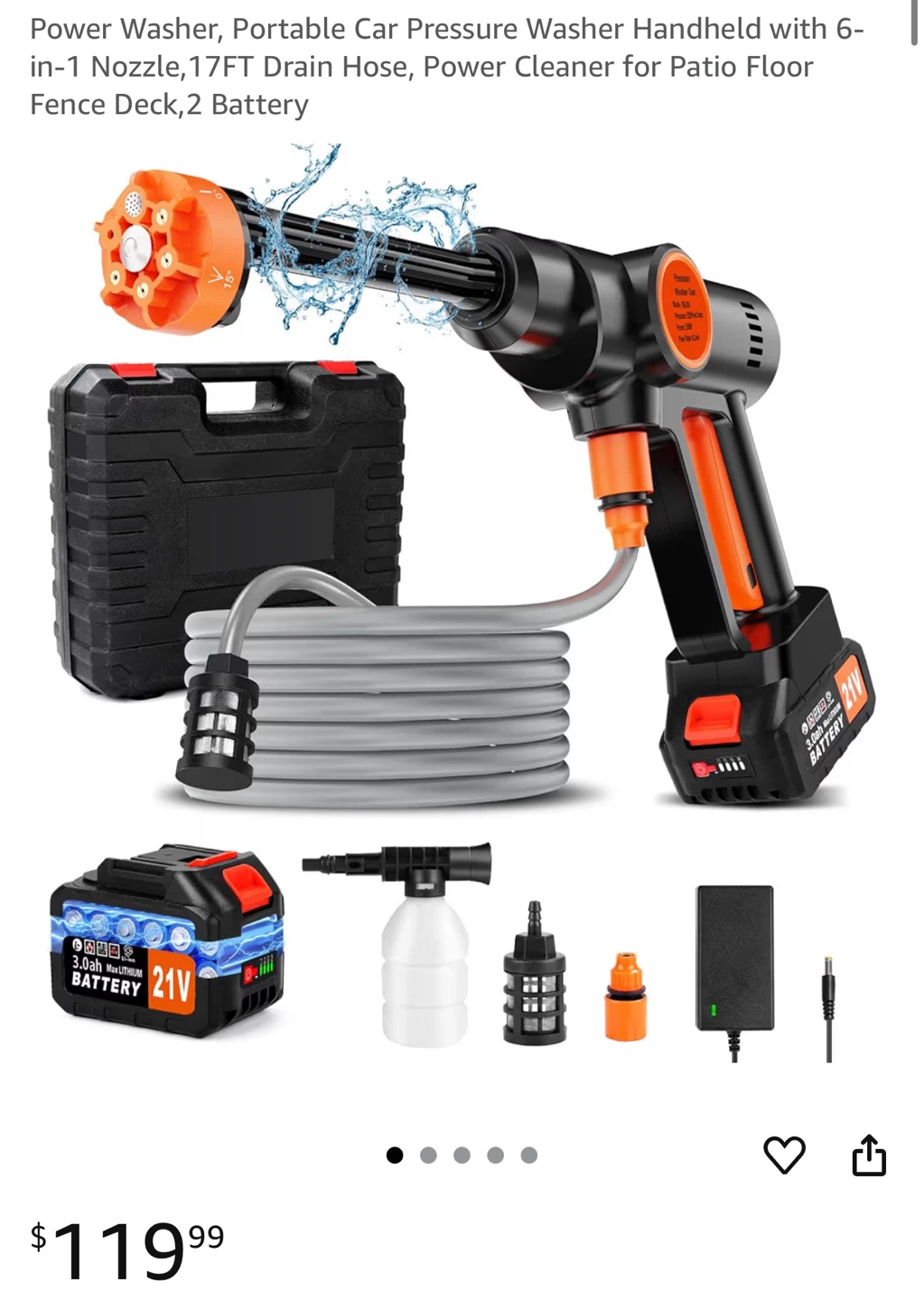 Portable Car Pressure Washer Handheld with 6-in-1 Nozzle