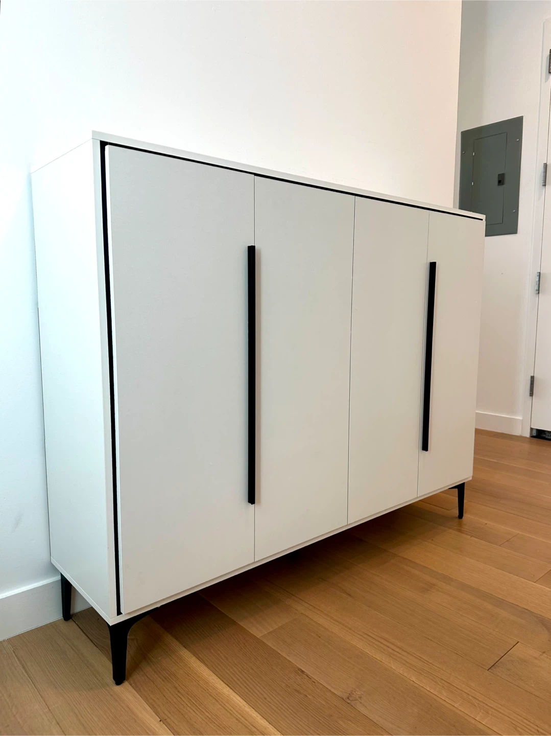 White Shoe Cabinet with Black Accents