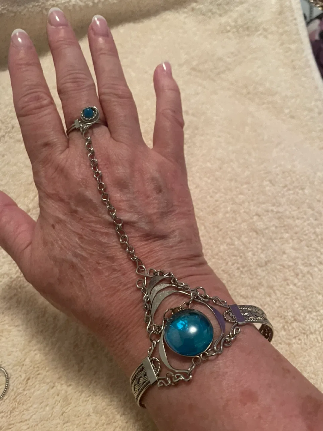 Hand Chain Bracelet with Ring & Blue Stone thumbnail