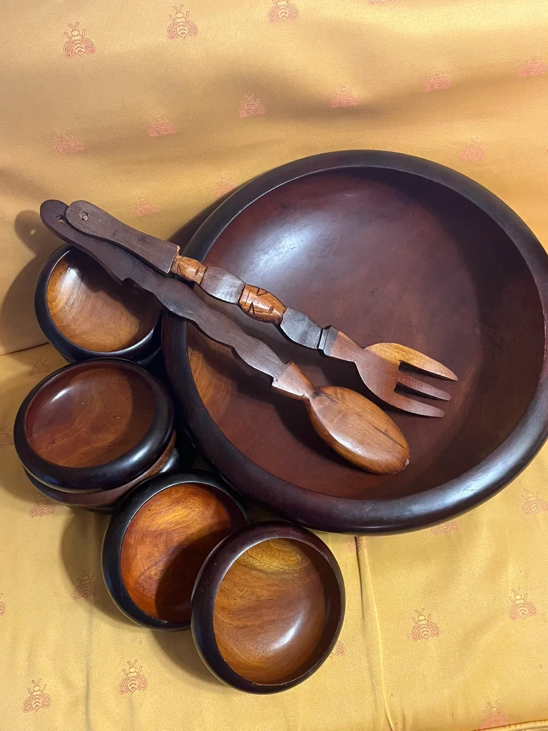 Large wooden salad bowl with servers and 8 small bowls. image indicator(2)
