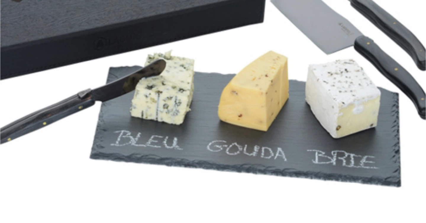 Laguiole Black Collection Cheese Knife Set with slate tray