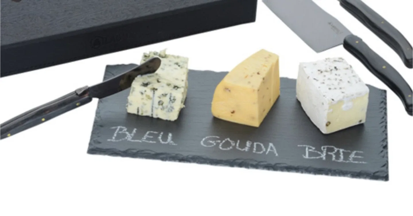 Laguiole Black Collection Cheese Knife Set with slate tray