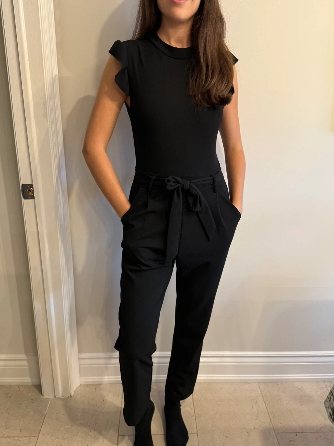 Beautiful Black Ruffle Sleeve Jumpsuit Size Small image indicator(4)