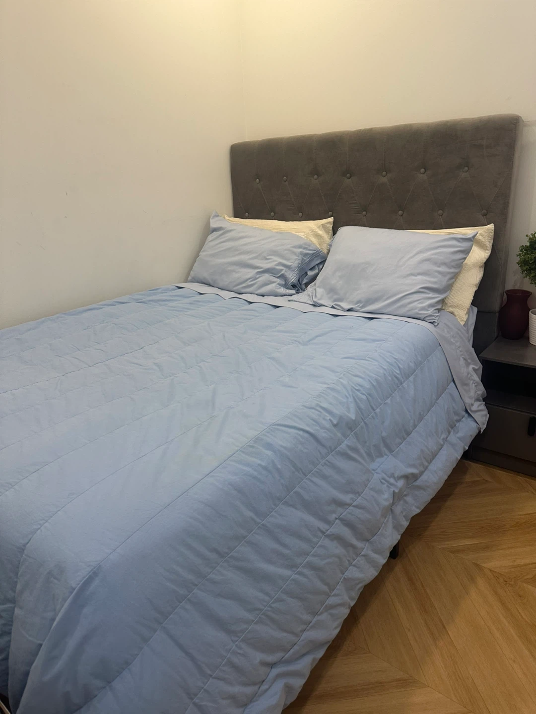 Upholstered Double Bed Frame & Mattress- Grey