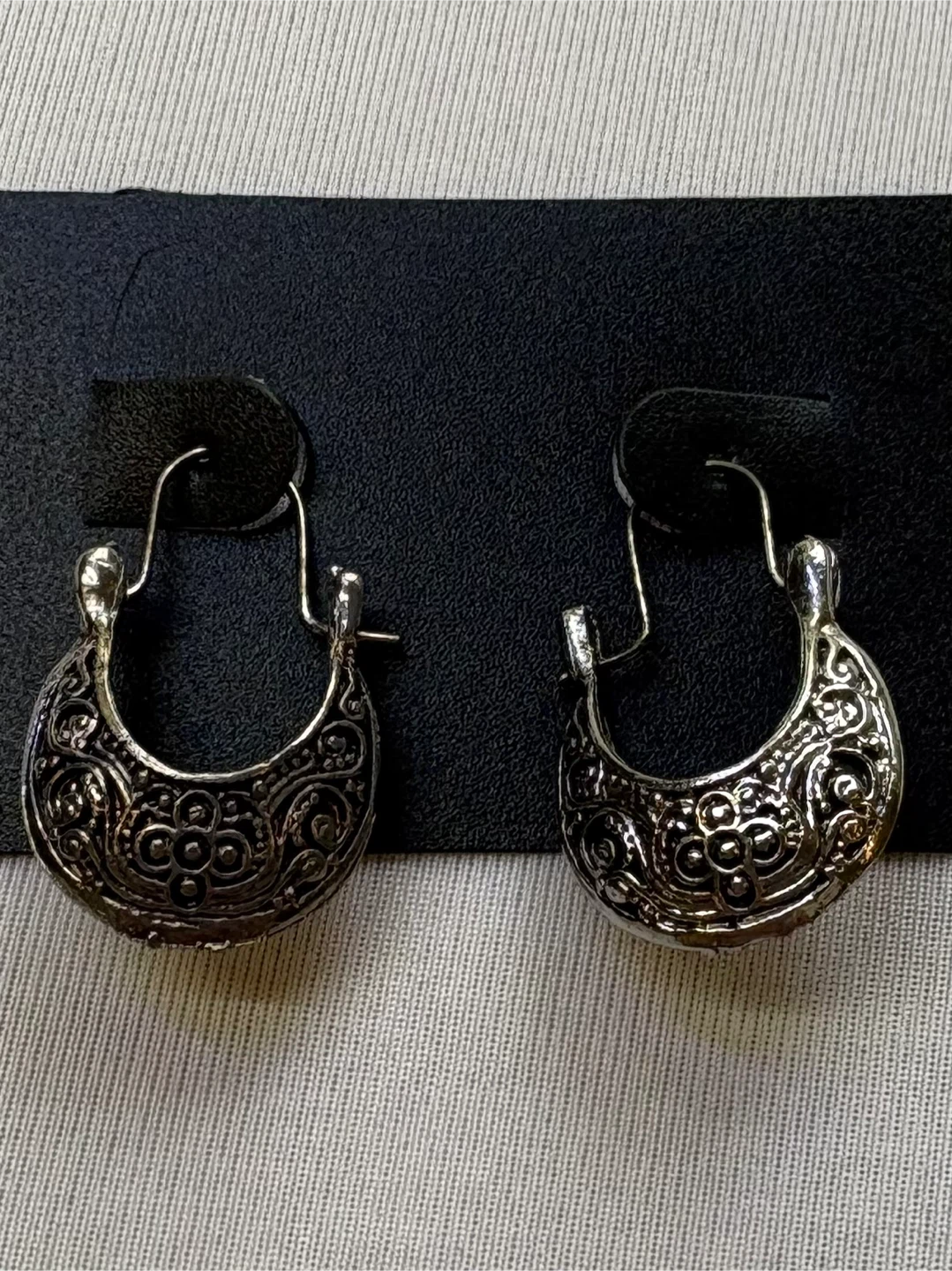 Boho Style Silver Basket Hoop Earrings Floral Engraved Design