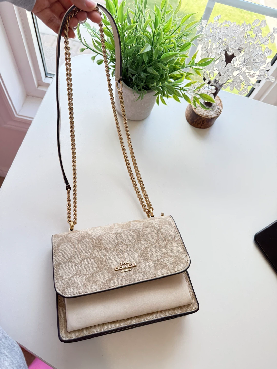 Coach Klare Beige Signature Chain Crossbody Bag
