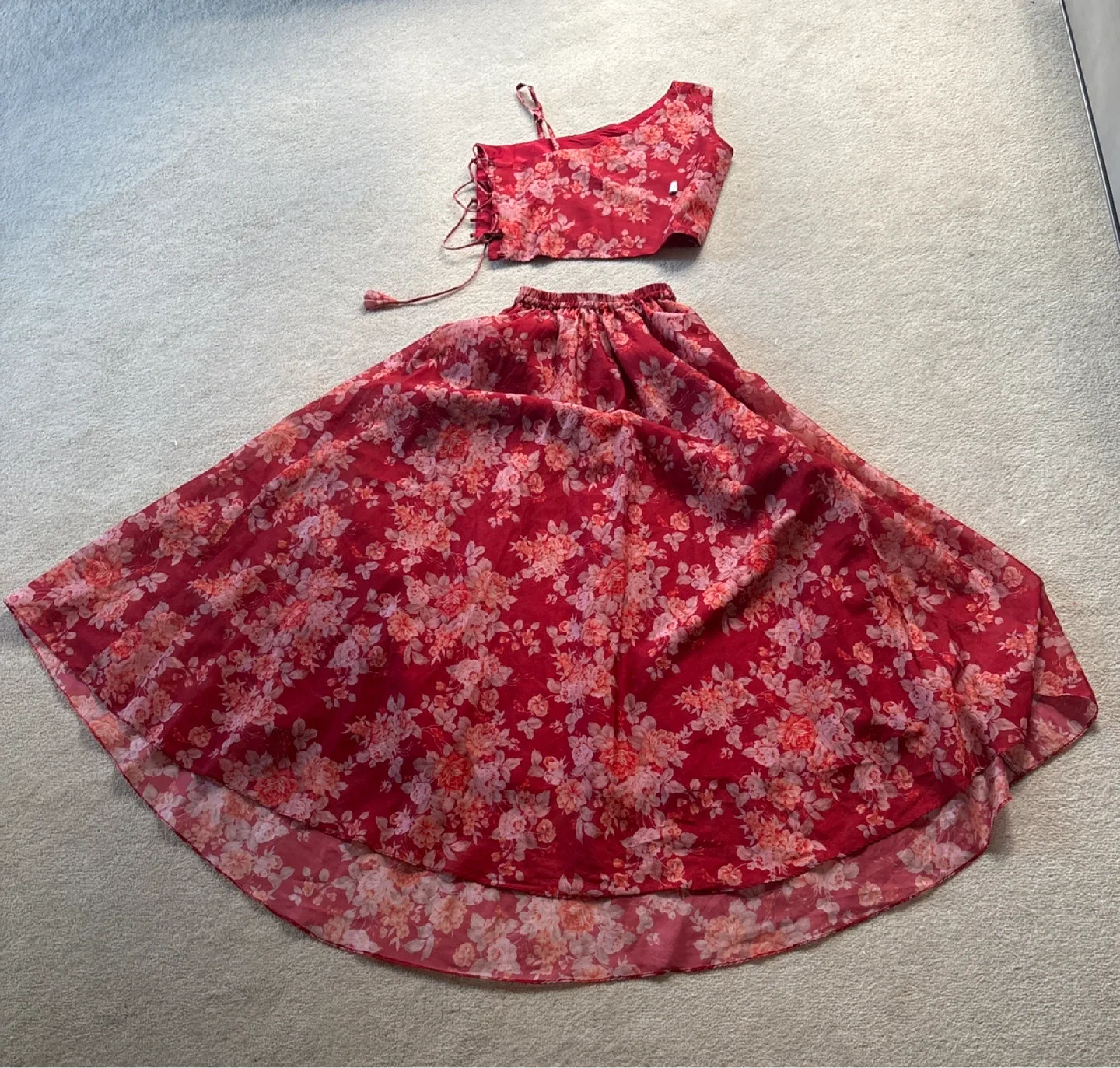 Kids skirt and top, red, floral thumbnail