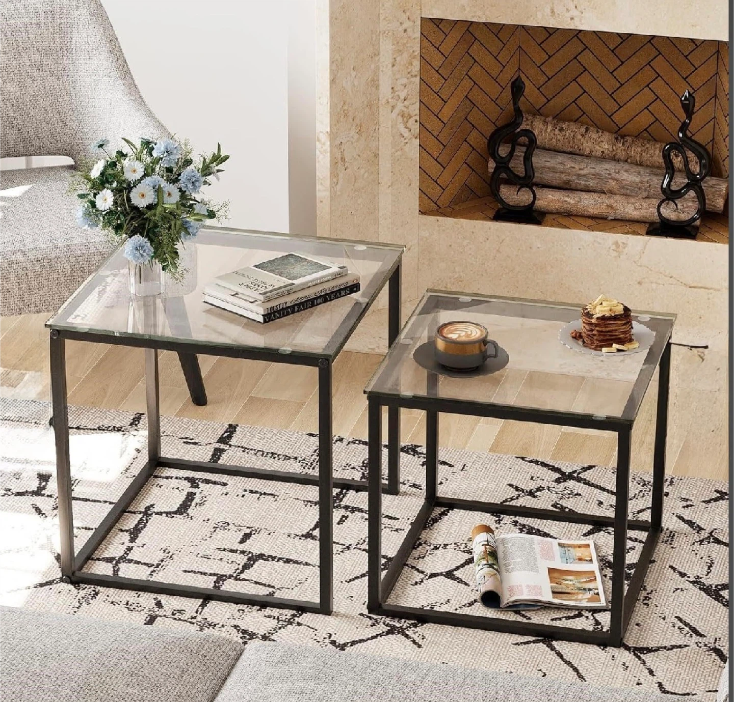 Nesting Coffee Tables - Glass Top, Black Metal Frame